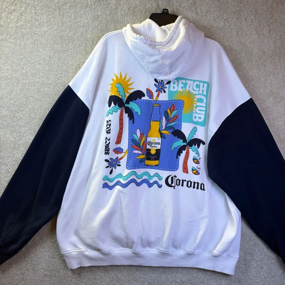 Corona Beer Hoodie Mens XL White Blue Beach Club Ripple Junction Sweatshirt